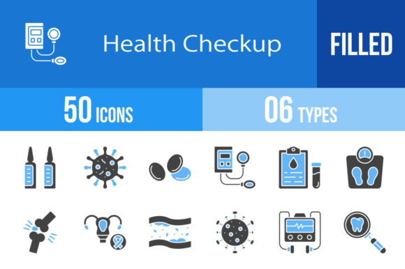 50 Health Checkup Icons: Blue Black Graphics for Blogs
